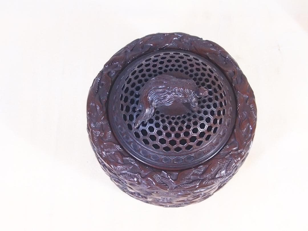 【未使用】高岡銅器 佐野宏采 華鶴 紋様香炉 彫金/繊細/鶴亀 茶道具/香道具