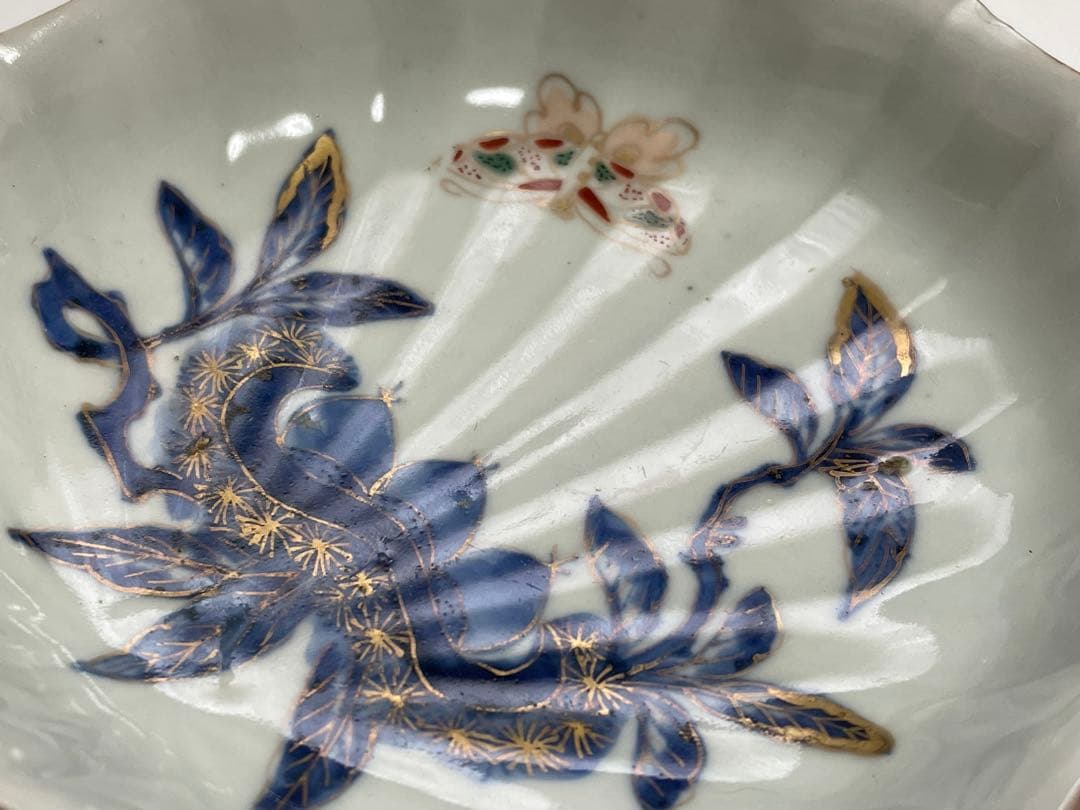 古伊万里 骨董 色絵 金彩 栗に蝶々の図 秋 輪花縁 なます皿 膾皿