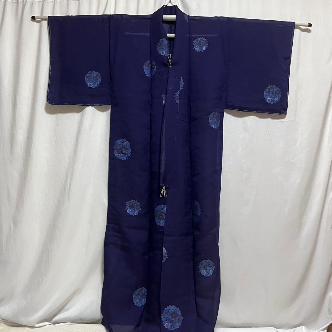 美品 着物 正絹 絽 夏物 単衣 小紋 刺繍 花丸紋 花柄 青