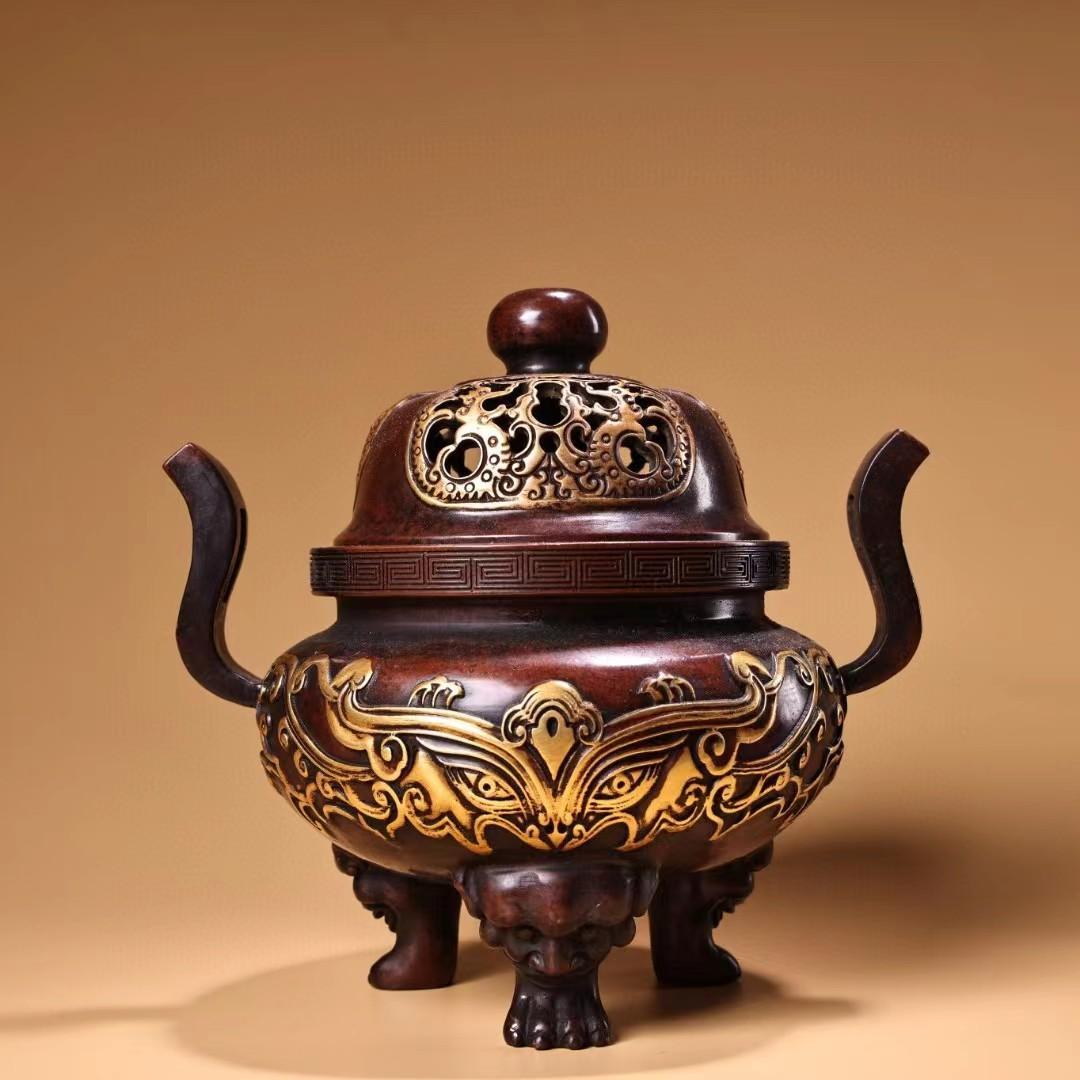 中国古美術・旧蔵鏨刻鎏金の獣面熏香炉・純赤銅