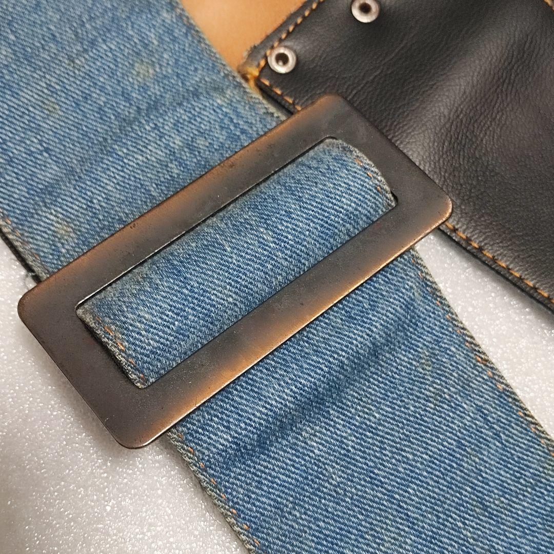 ビンテージ　ストラップ　極太　デニム生地　裏地レザー　金属バックル