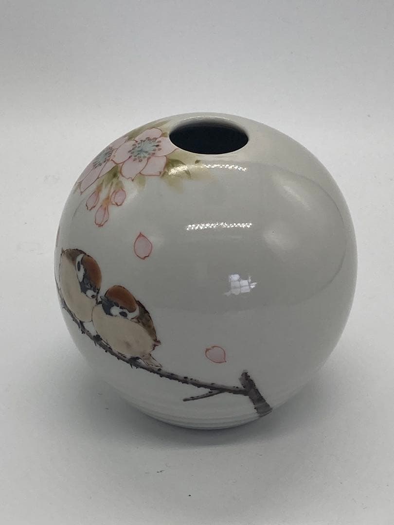 雀と桜の九谷焼花入