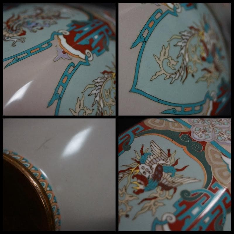 明治期 尾張七宝 銀線象嵌『龍鳳唐草紋』大型飾壺(一対) 面取