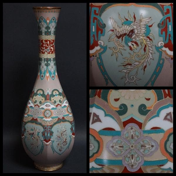 明治期 尾張七宝 銀線象嵌『龍鳳唐草紋』大型飾壺(一対) 面取