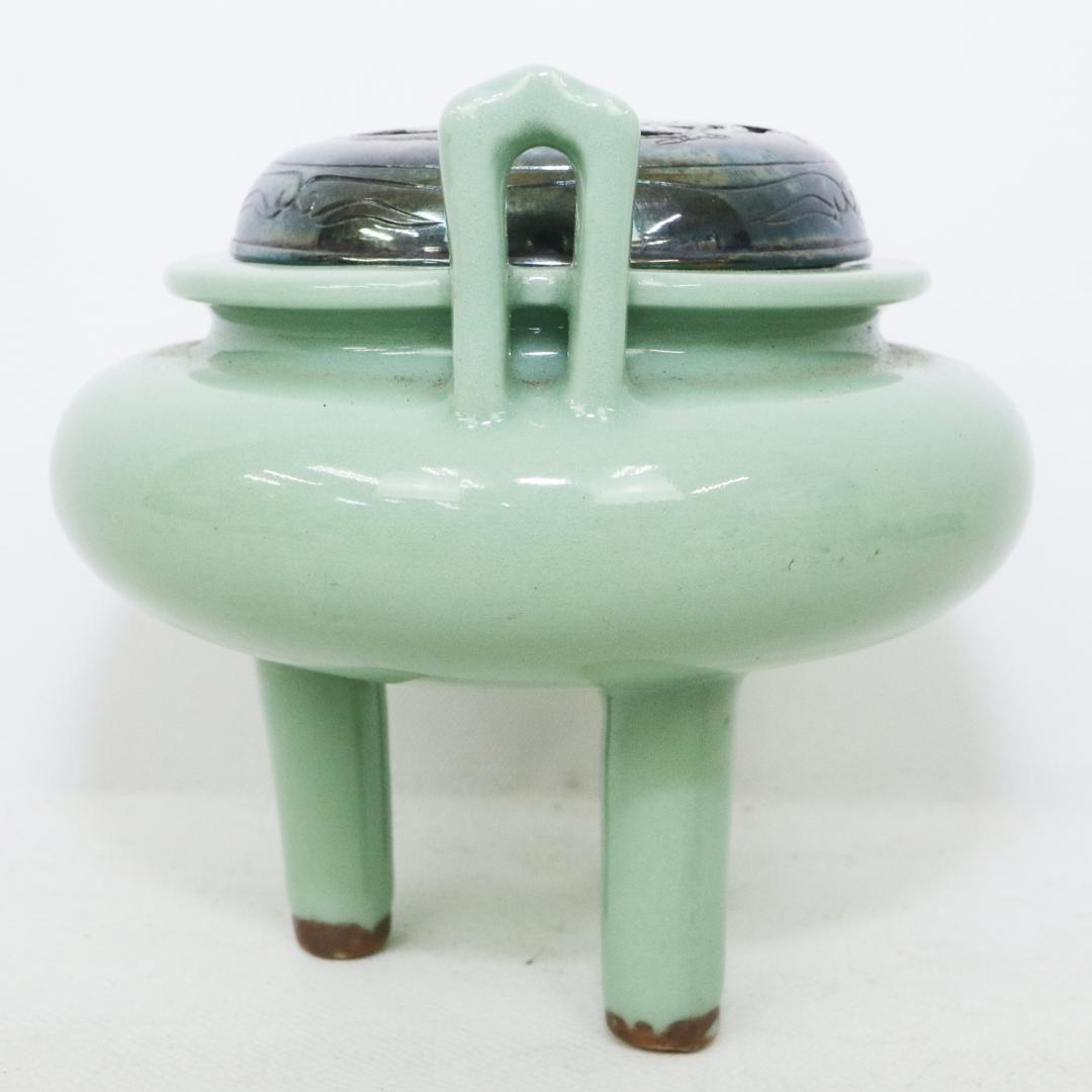 初代 諏訪蘇山 作 青磁 立耳 香炉 共箱 共布　鳳凰透火舎　帝室技芸員