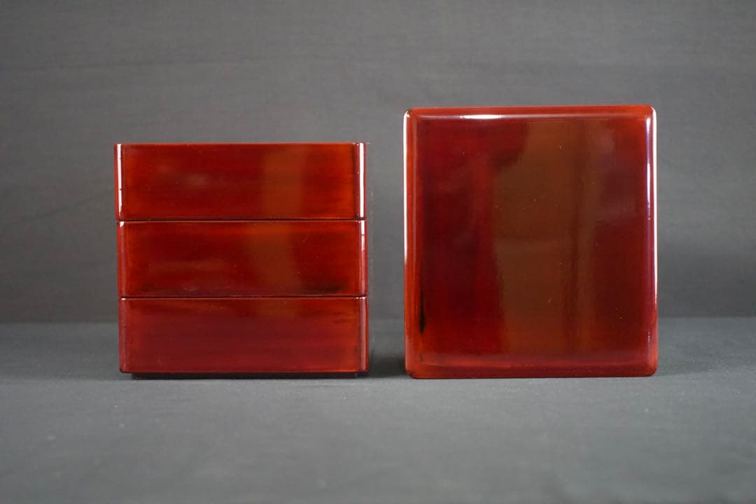 越前漆器 塗師 山本英明 作 溜塗三段重箱 共布 共箱 栞付 美品