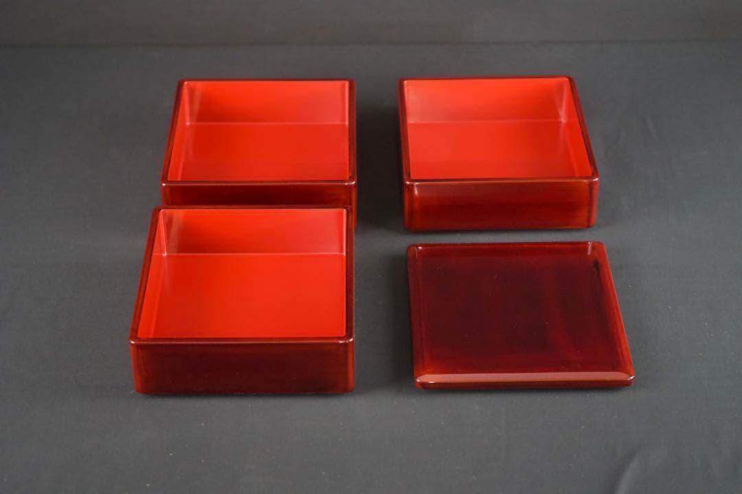 越前漆器 塗師 山本英明 作 溜塗三段重箱 共布 共箱 栞付 美品