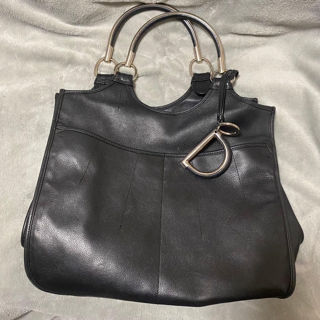 Christian Dior Dチャーム付き ブラックレザーハンドバッグ トート