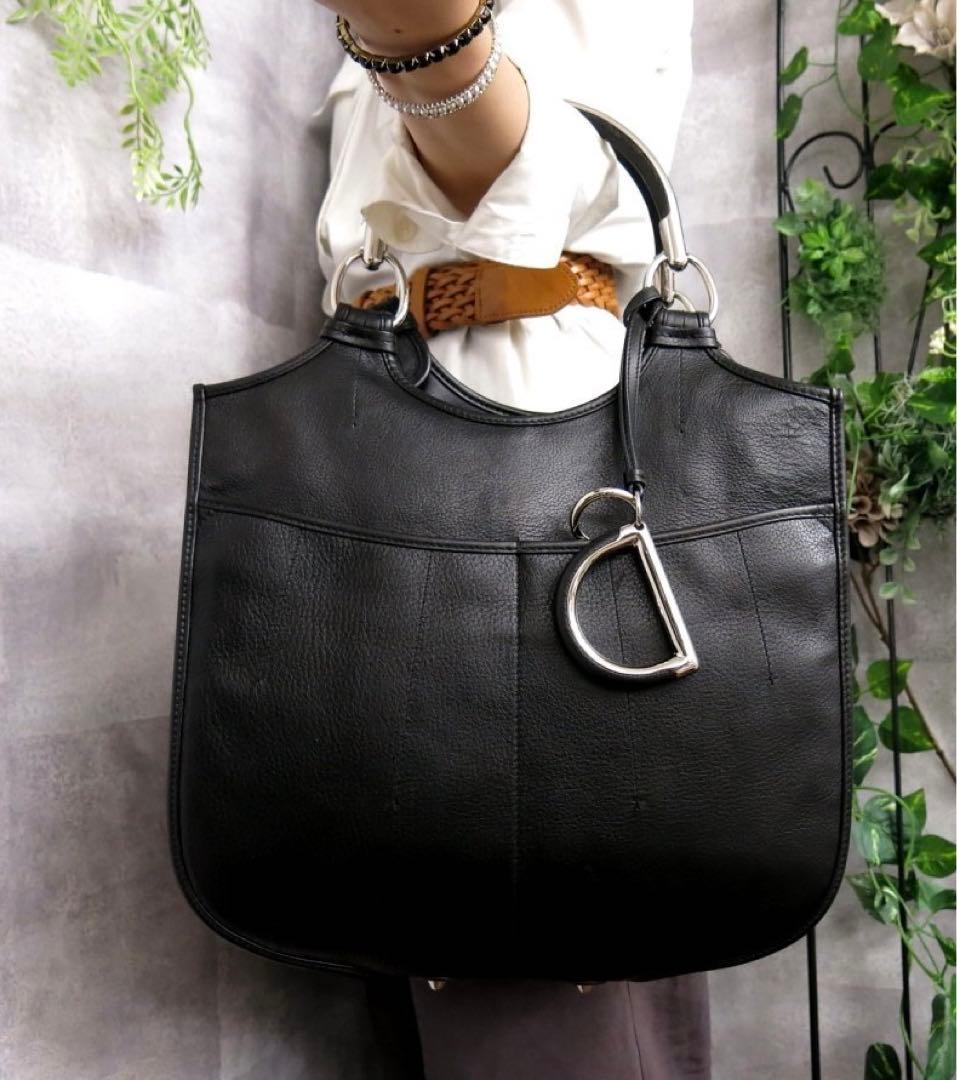 Christian Dior Dチャーム付き ブラックレザーハンドバッグ トート