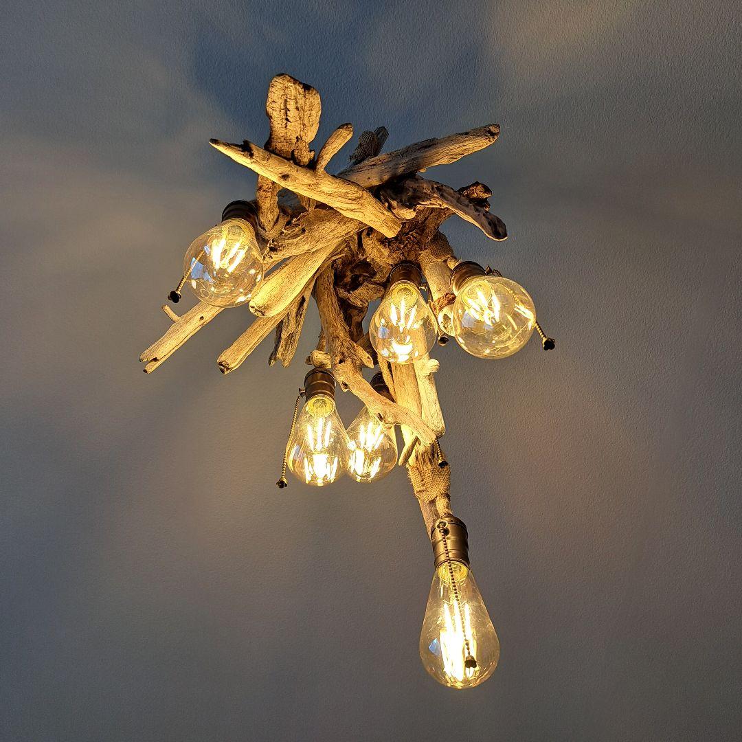 流木インテリア 6灯ペンダント エジソン球付 ヴィンテージソケット 6〜10帖