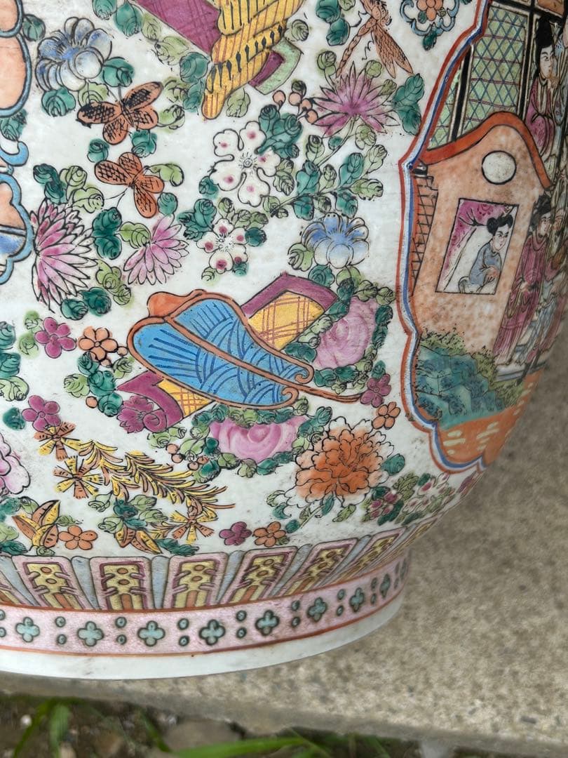 中国　粉彩人物花卉紋　植木鉢　大清乾隆年製銘　送料込み0717