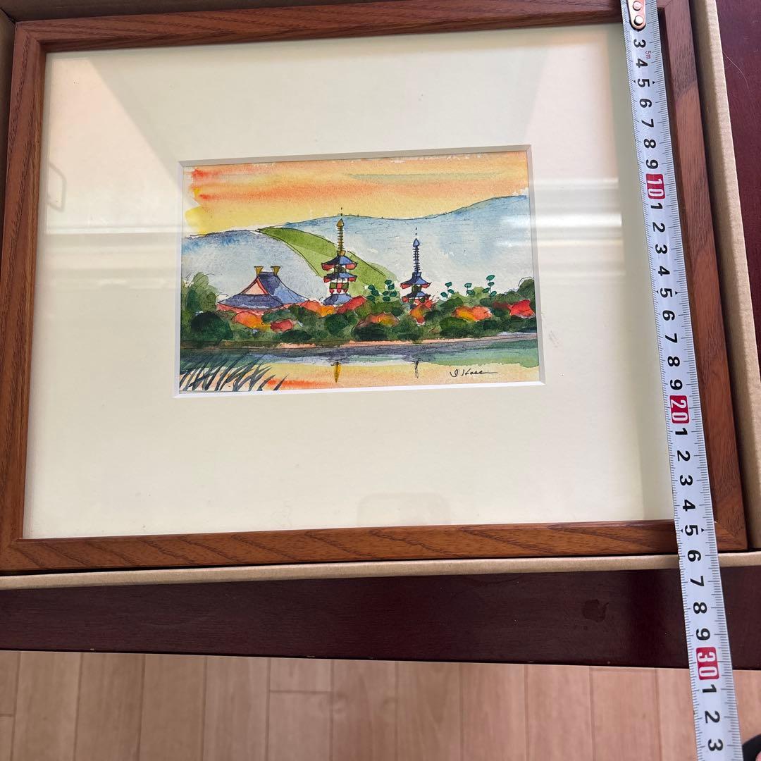 長谷岩友　水彩画 風景画 木製フレーム付き 約23cm x 17cm