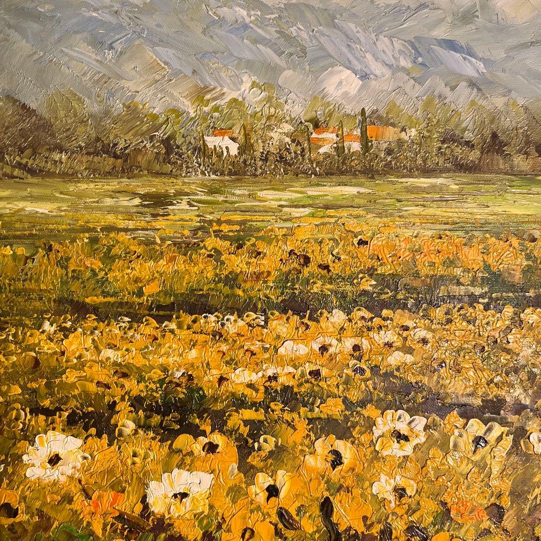 ☆大型絵画☆ 手書き油絵 3枚組 朝日と山河 額付 額付き 絵画 油彩画