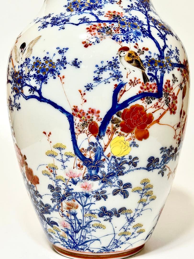 初代川本桝吉 染錦花鳥図花瓶 明治期瀬戸の名工 瀬戸焼 三代三ツ井為吉