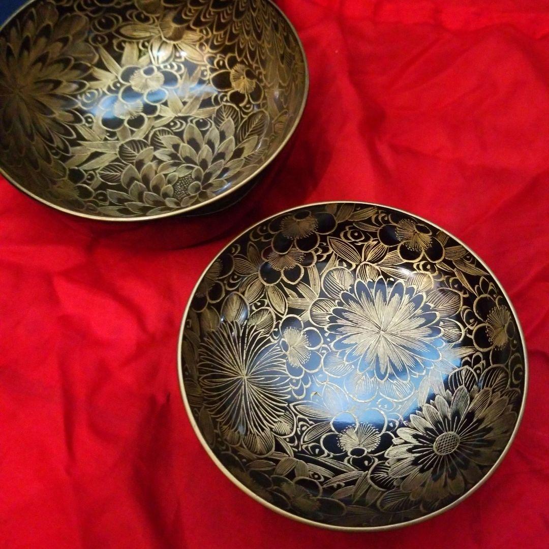 菫　黒漆塗 内総沈金 菊花紋詰 吸物椀 汁椀 茶道具 懐石 菓子椀　2客