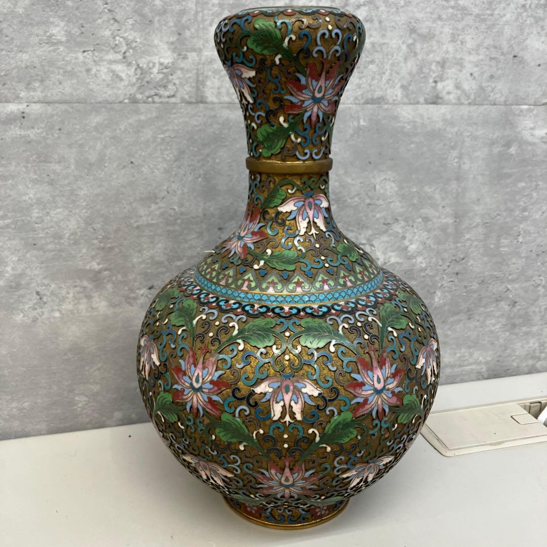 ♢中国 画琺瑯 花図紋瓶 景泰藍工芸品 七宝焼 コレクション 骨董品
