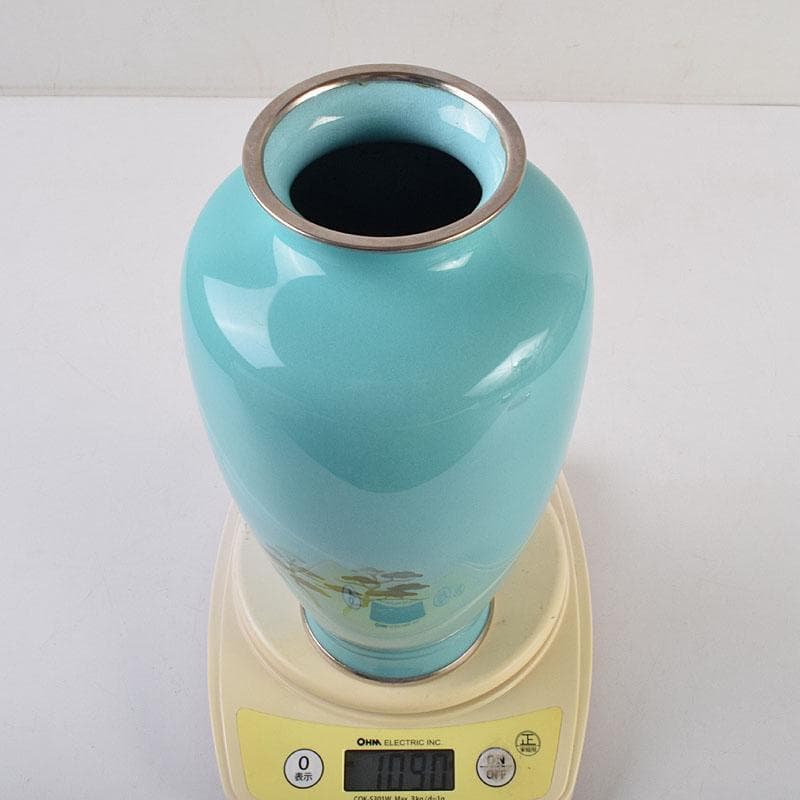 七宝焼 青釉 富士松文 花瓶 唐木台付 共箱 M R9509 美術品・アンティーク・