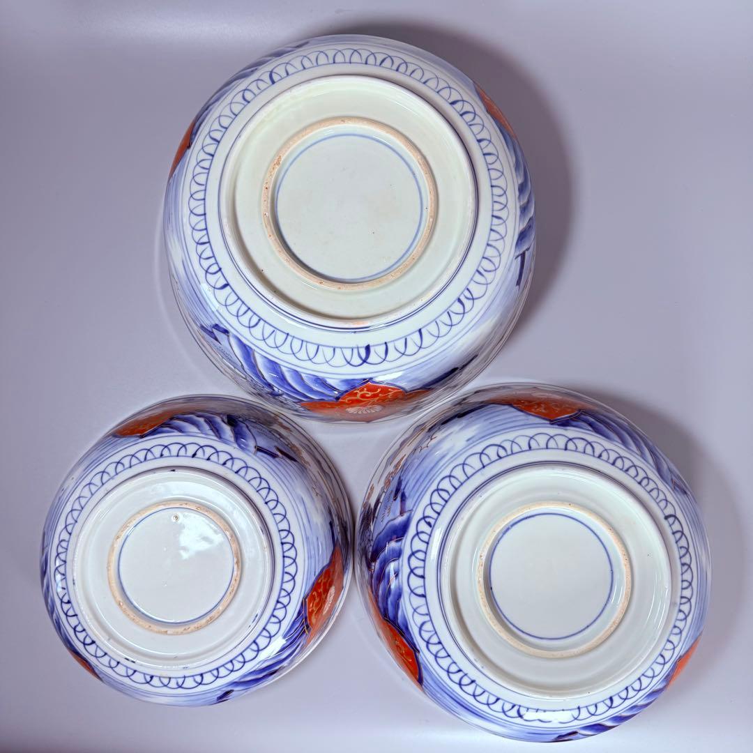 1900年代初頭 錦手 山水図三ツ鉢 箱有 青海波文 舟