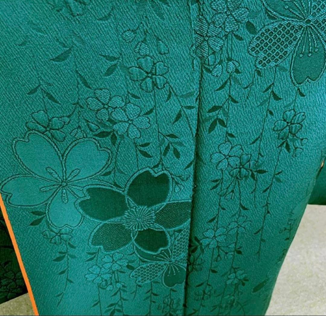 509z15.509y14.小物〇色無地 中振袖 桜 地紋 深緑 嘘つき袖付き〇