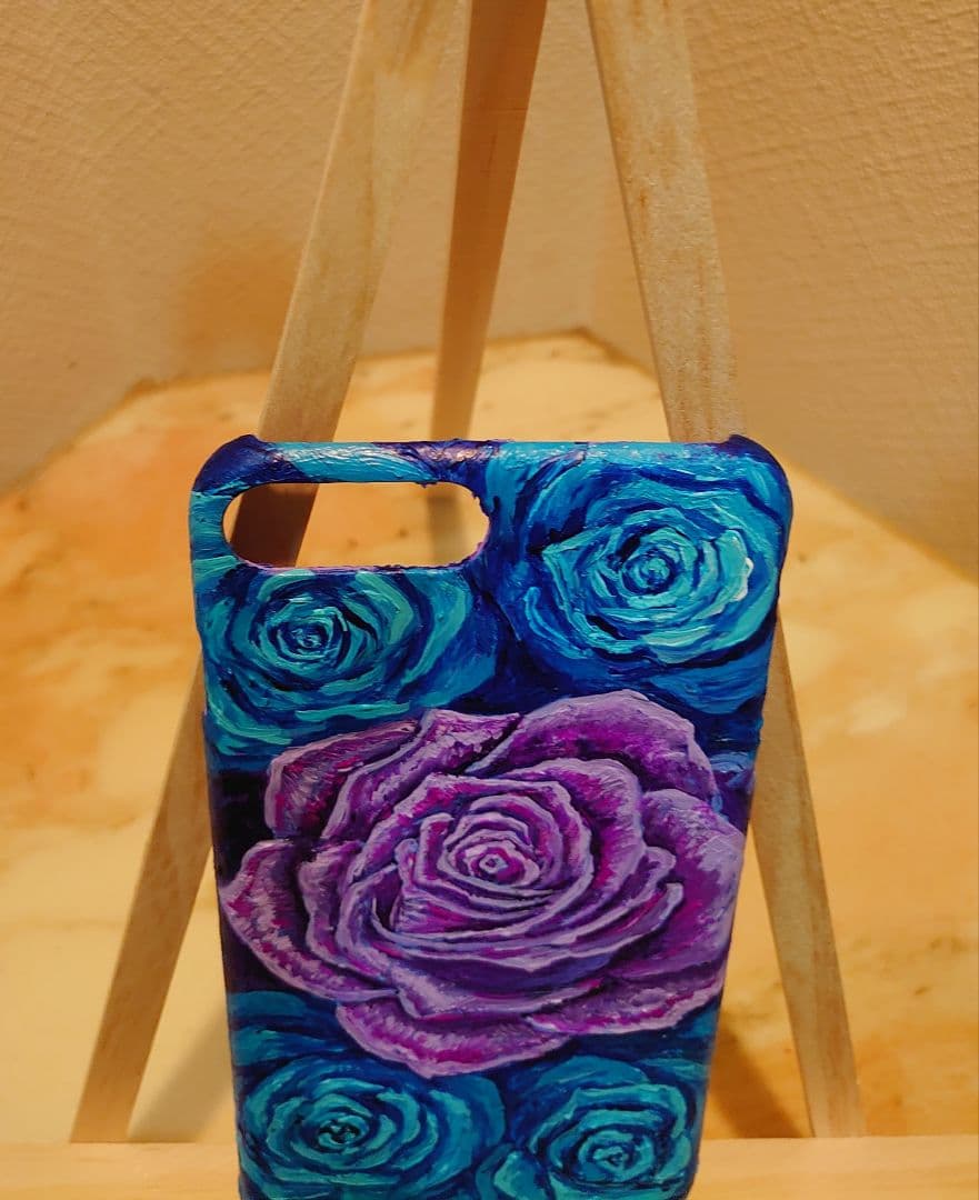 油絵  スマホケース【青と紫薔薇】iPhone8Plus/iPhone7Plus