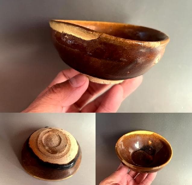 酒器□古瀬戸飴釉小碗 古鉢 酒杯 ぐい呑み 金継ぎ直し有 涙痕 時代物