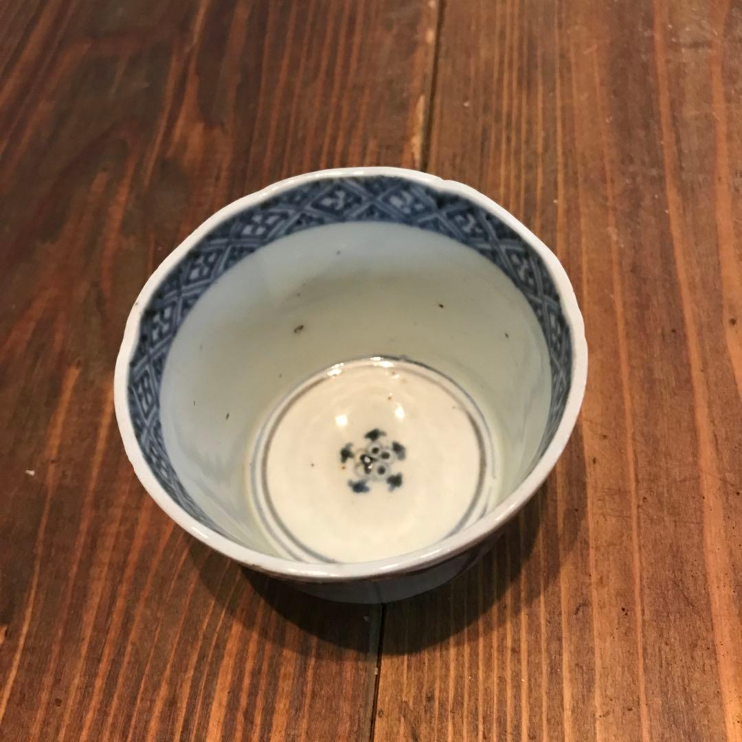 美品 古伊万里 色絵素地 窓枠 花頭窓 時代物 染付 蕎麦猪口 蛇目高台