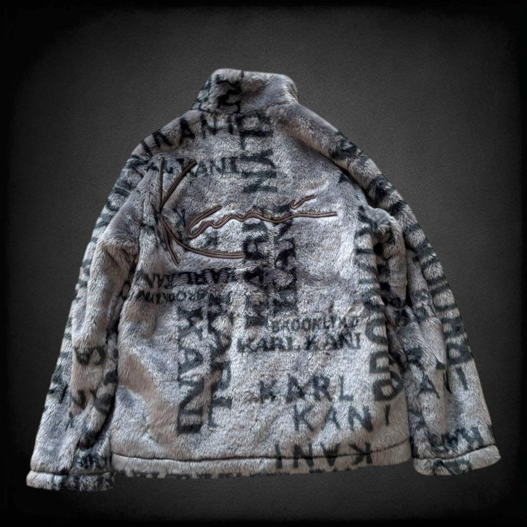 Karl Kani 総柄 ロゴ刺繍 ファーコート ボア L シルバーグレー