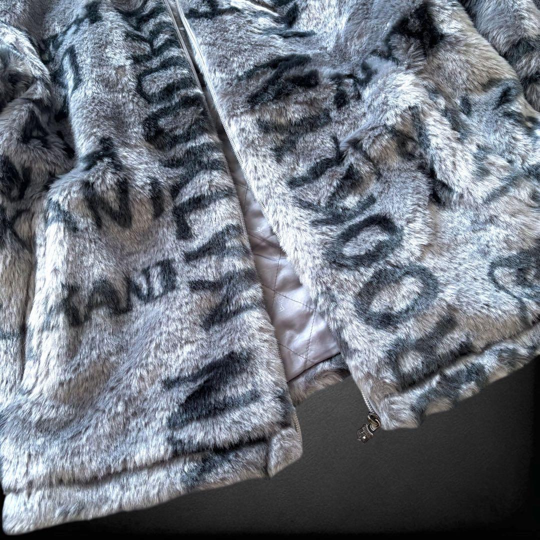 Karl Kani 総柄 ロゴ刺繍 ファーコート ボア L シルバーグレー