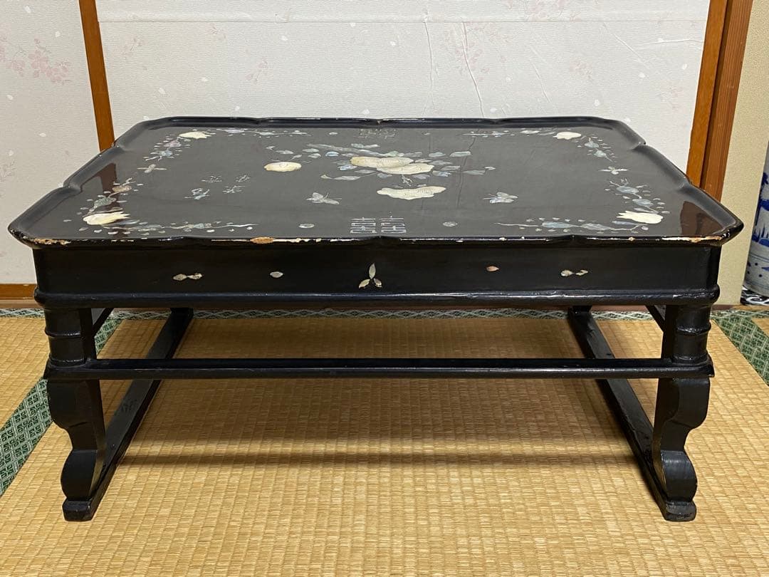 ♦中国清時代 花 蝶 柘榴 富貴 吉祥文 螺鈿細工 輪花 四方足 花台 骨董品