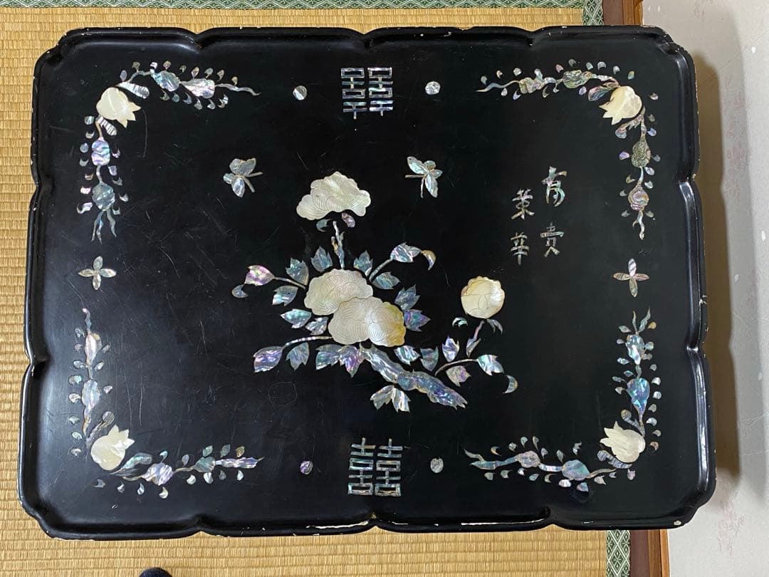 ♦中国清時代 花 蝶 柘榴 富貴 吉祥文 螺鈿細工 輪花 四方足 花台 骨董品