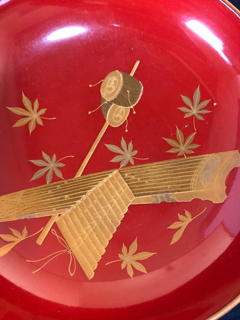 《R》朱塗 金蒔絵 烏帽子和楽器 吸物椀5客 木製漆器　251204お3