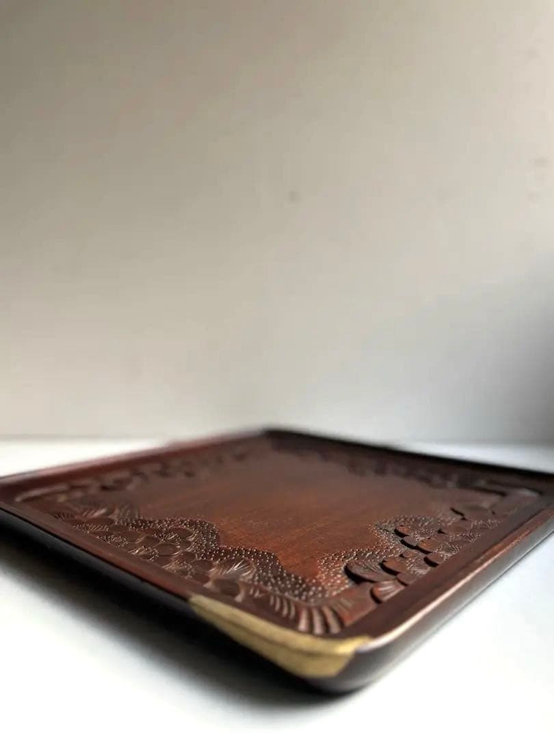 755 ヴィンテージ 軽井沢彫 桜彫 角盆 大阪屋家具店 金継ぎ 民芸 工芸 -