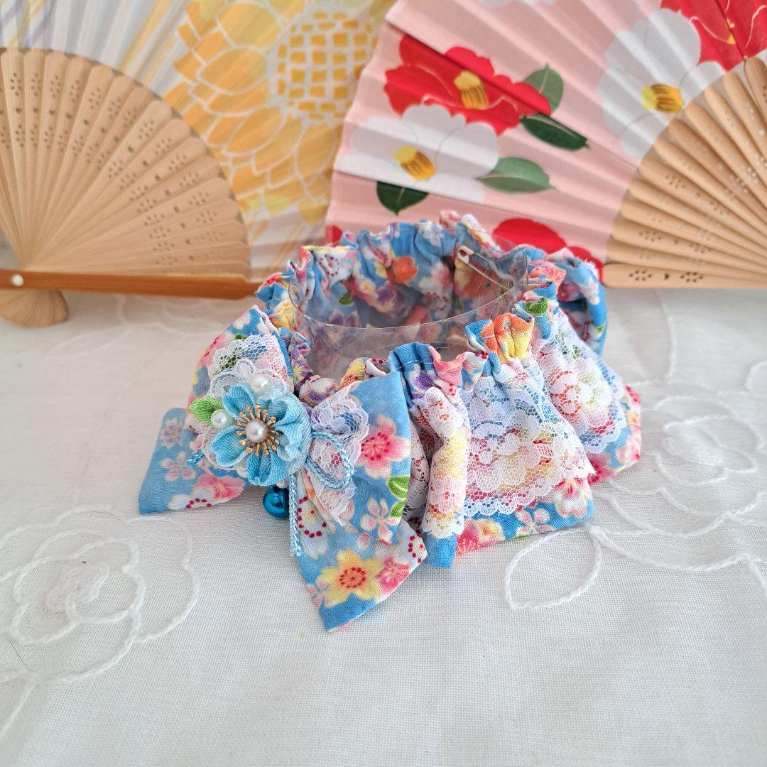 短毛シュシュ(エメラルド×黒)つまみ細工付き、わんちゃん猫ちゃん用