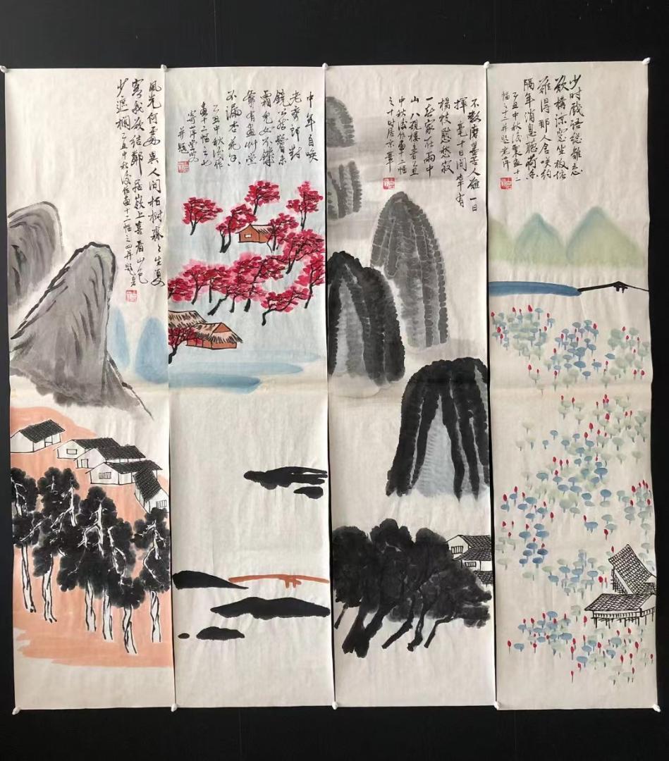 中国美術・純手描き四連山水画芯・水墨画・斉白石印款・肉筆・宣紙・茶道・国画・文房