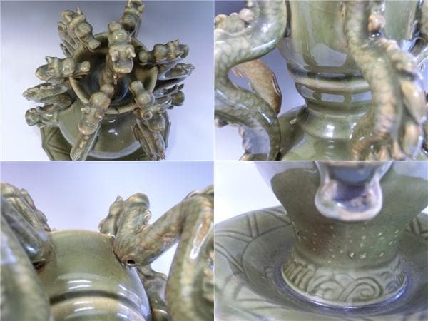 花瓶●龍尽くし 古い中国古美術 龍耳付き みごとな飾り 唐物 骨董品 希少■