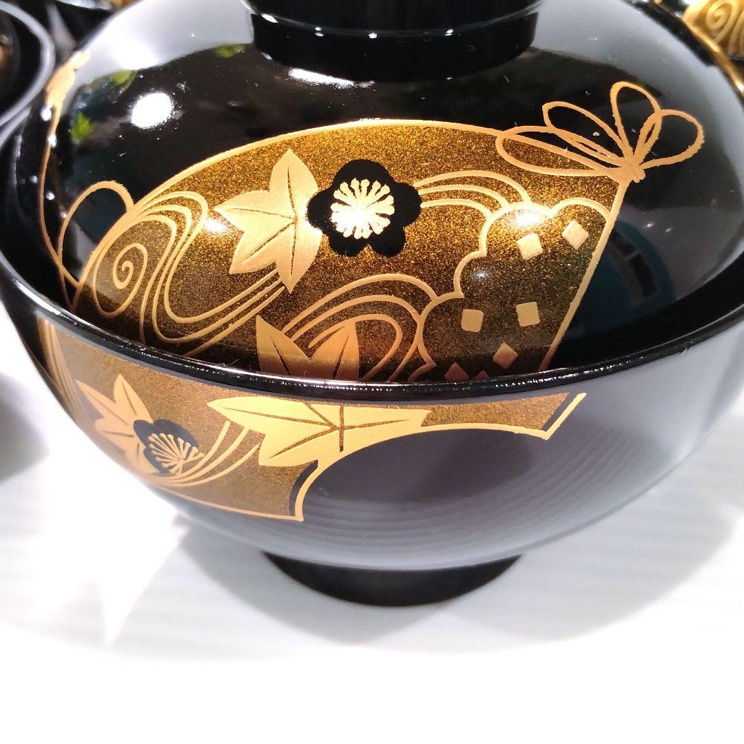 会津塗 漆器 漆 黒塗 扇 蒔絵 吸物椀 汁椀 蓋付き 和食器 黒金 5客揃