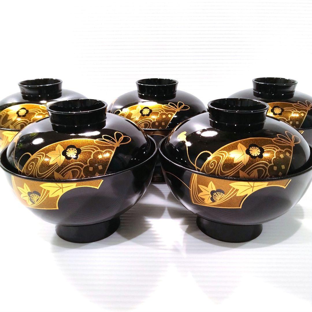 会津塗 漆器 漆 黒塗 扇 蒔絵 吸物椀 汁椀 蓋付き 和食器 黒金 5客揃
