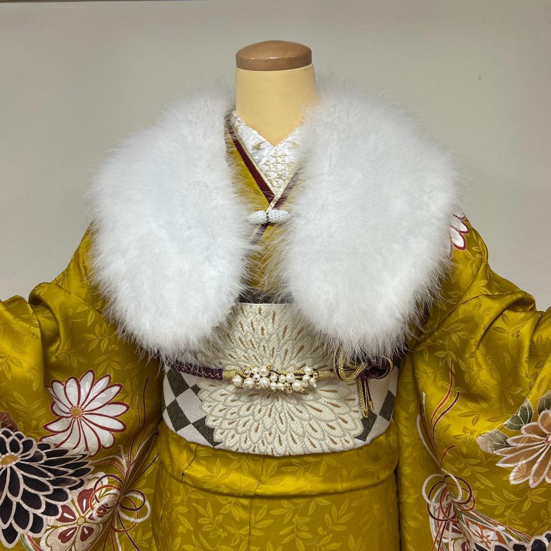 からし色 シックな菊の柄の振袖フルセット からし色シック