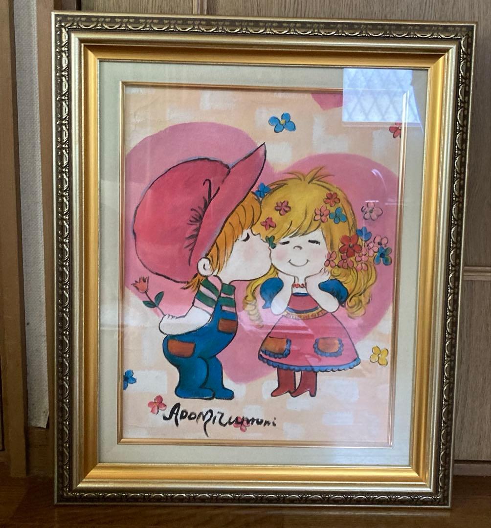 人物画　油絵　水森亜土　F額付き　手描き　肉筆