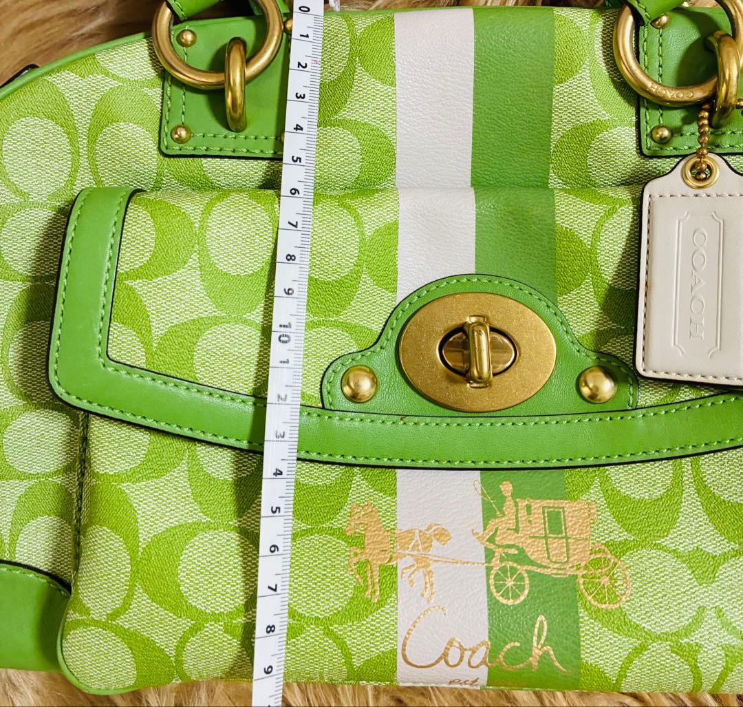 Coach ライトグリーン　ストライプ ハンドバッグ