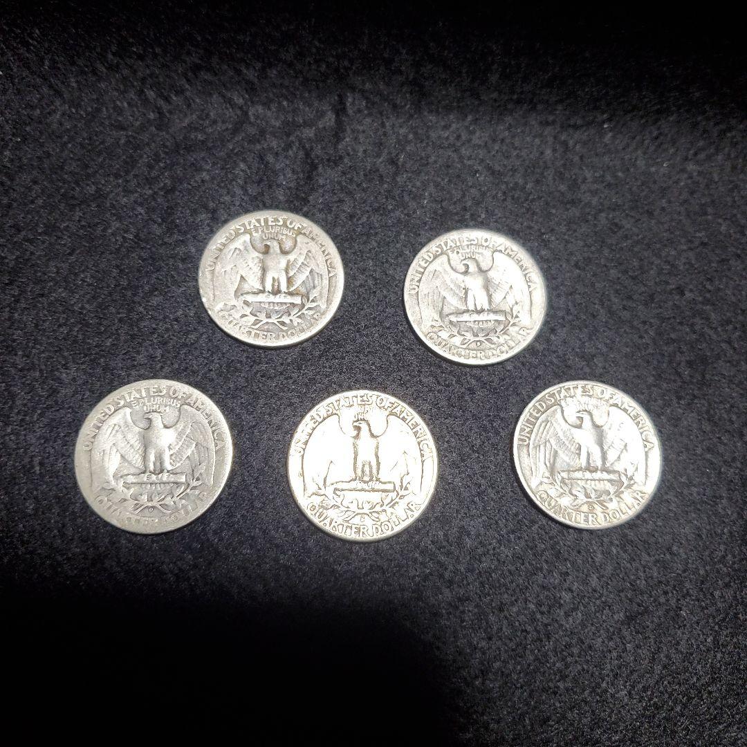 アメリカ、1942～1958年発行の25セント銀貨(銀90％)、5枚