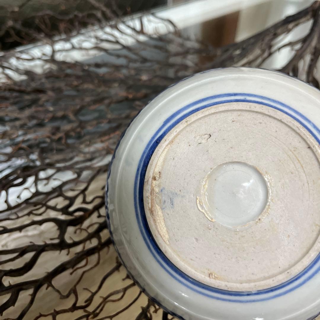 骨董 古伊万里 図変わり印判 動物 波乗り兎 老松 貝フチ 丸鉢 膾皿