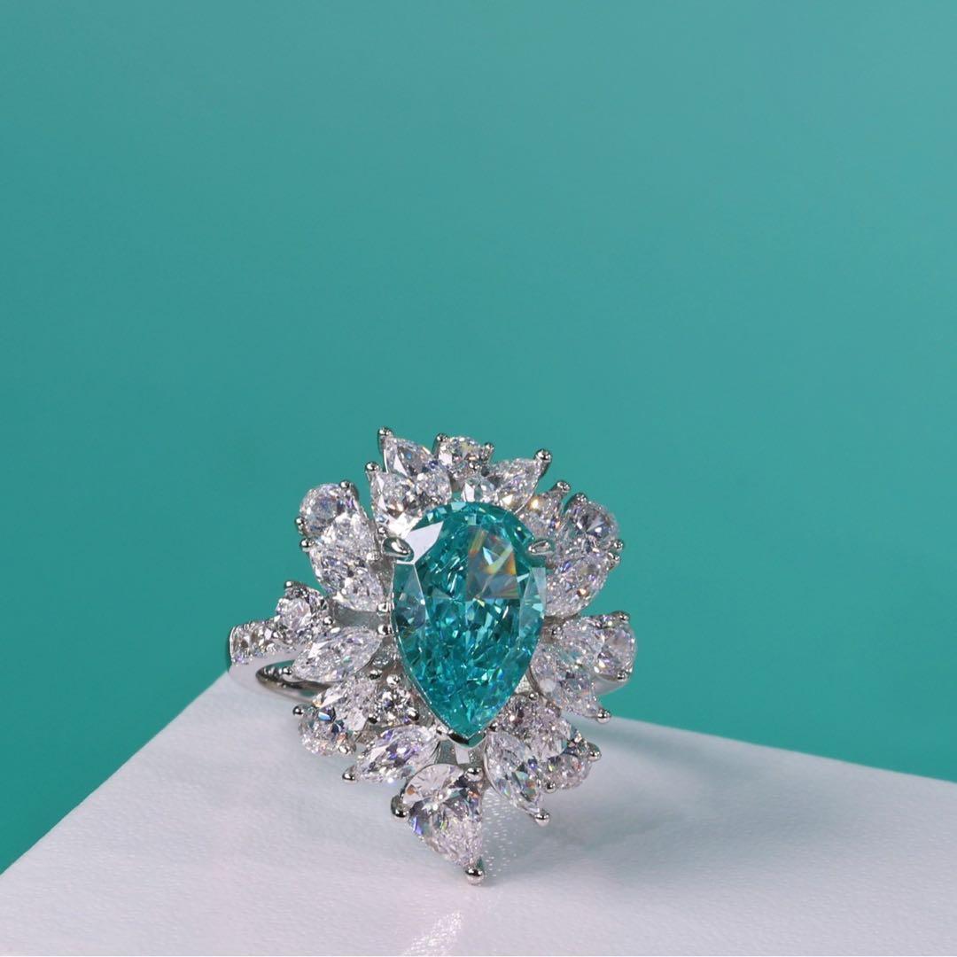 【S925純銀】ラボグロウン・パライバ リング／6.5ct／ハローセッティング