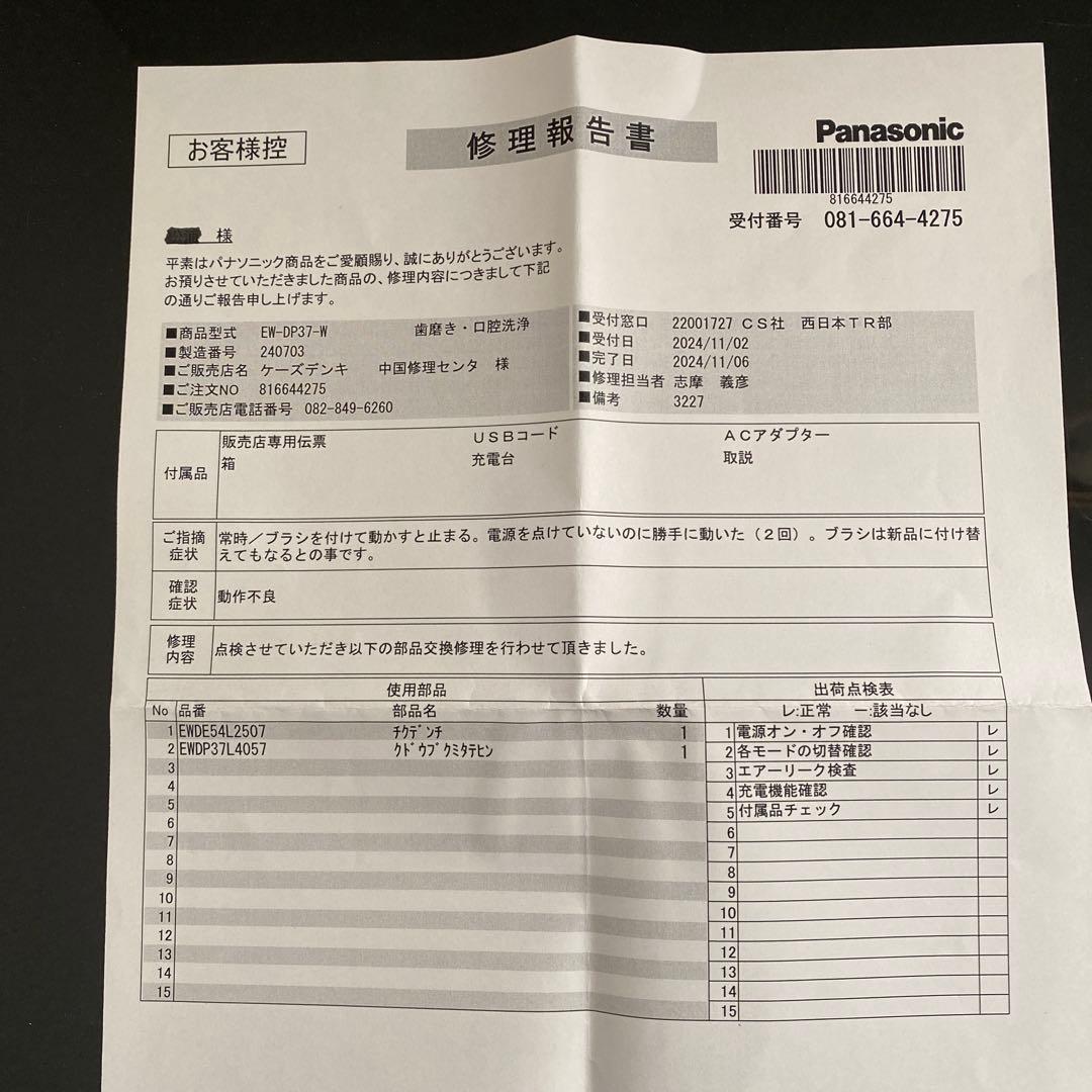 Panasonic EW-DP37-W 音波振動ハブラシ　ドルツ