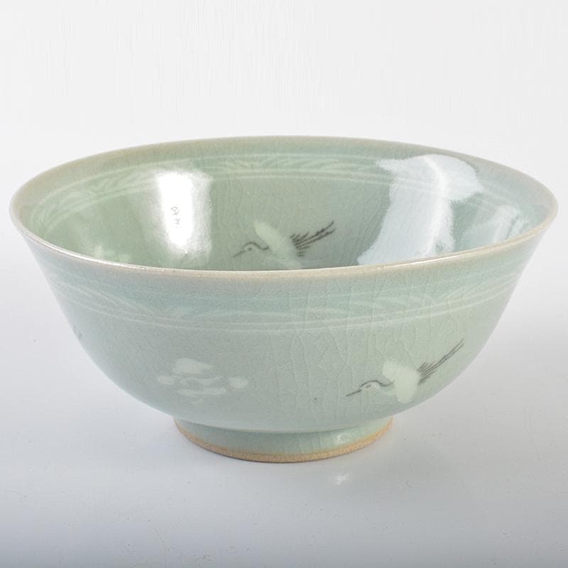 韓国人間文化財 柳海剛（柳根瀅）作 高麗青磁 象嵌鶴雲文茶碗 共