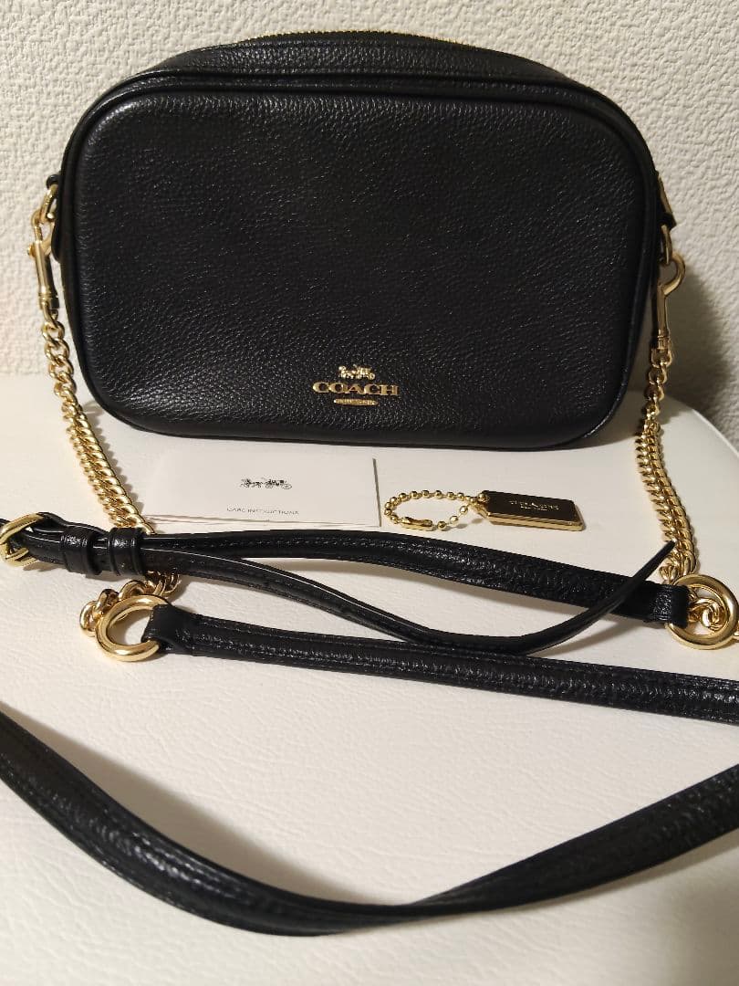 COACH ブラック　レザー　ショルダー　バッグ　黒　ロゴ　チェーン　コーチ