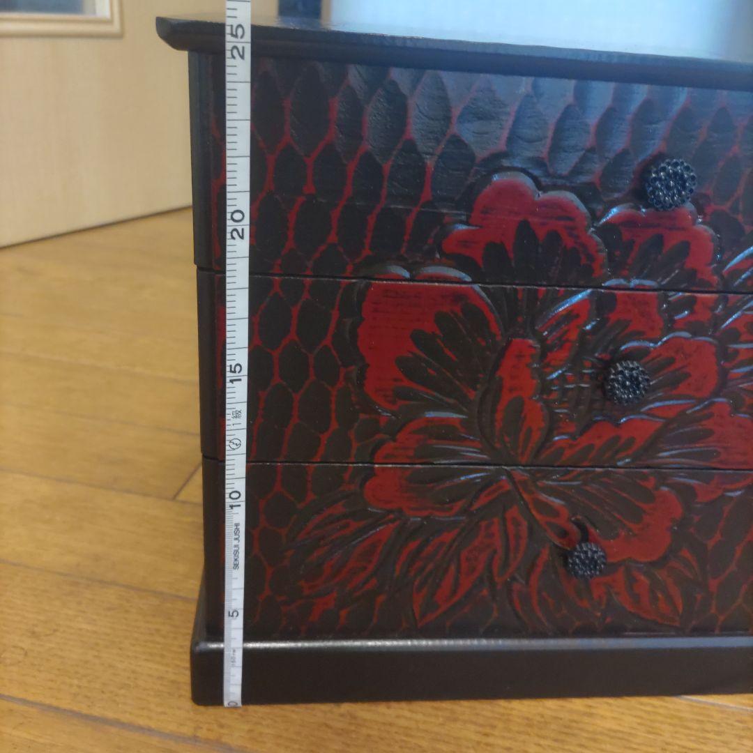 鎌倉彫漆器 牡丹柄 文箱 引き出し3つ