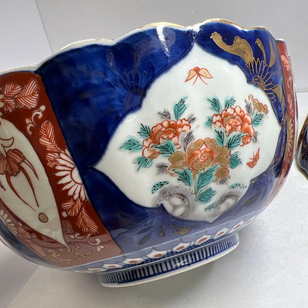 古伊万里　染錦菊割ミツ鉢　木箱　幅約24/21/18㎝　東Y7-0725③タカサ