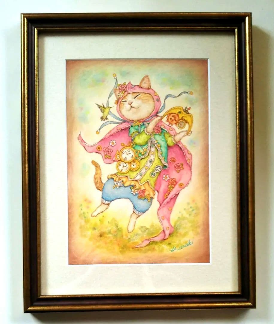 【原画】『時を数える猫』（猫の絵　猫グッズ　時計　絵画　パステル画）
