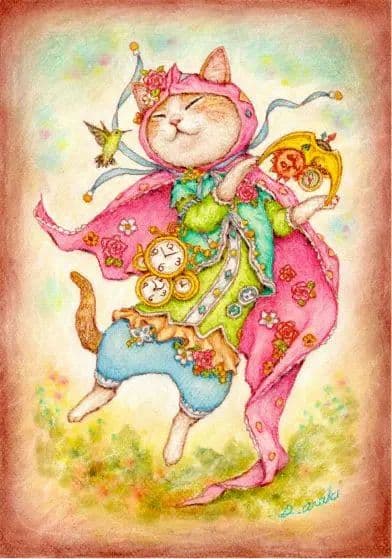 【原画】『時を数える猫』（猫の絵　猫グッズ　時計　絵画　パステル画）